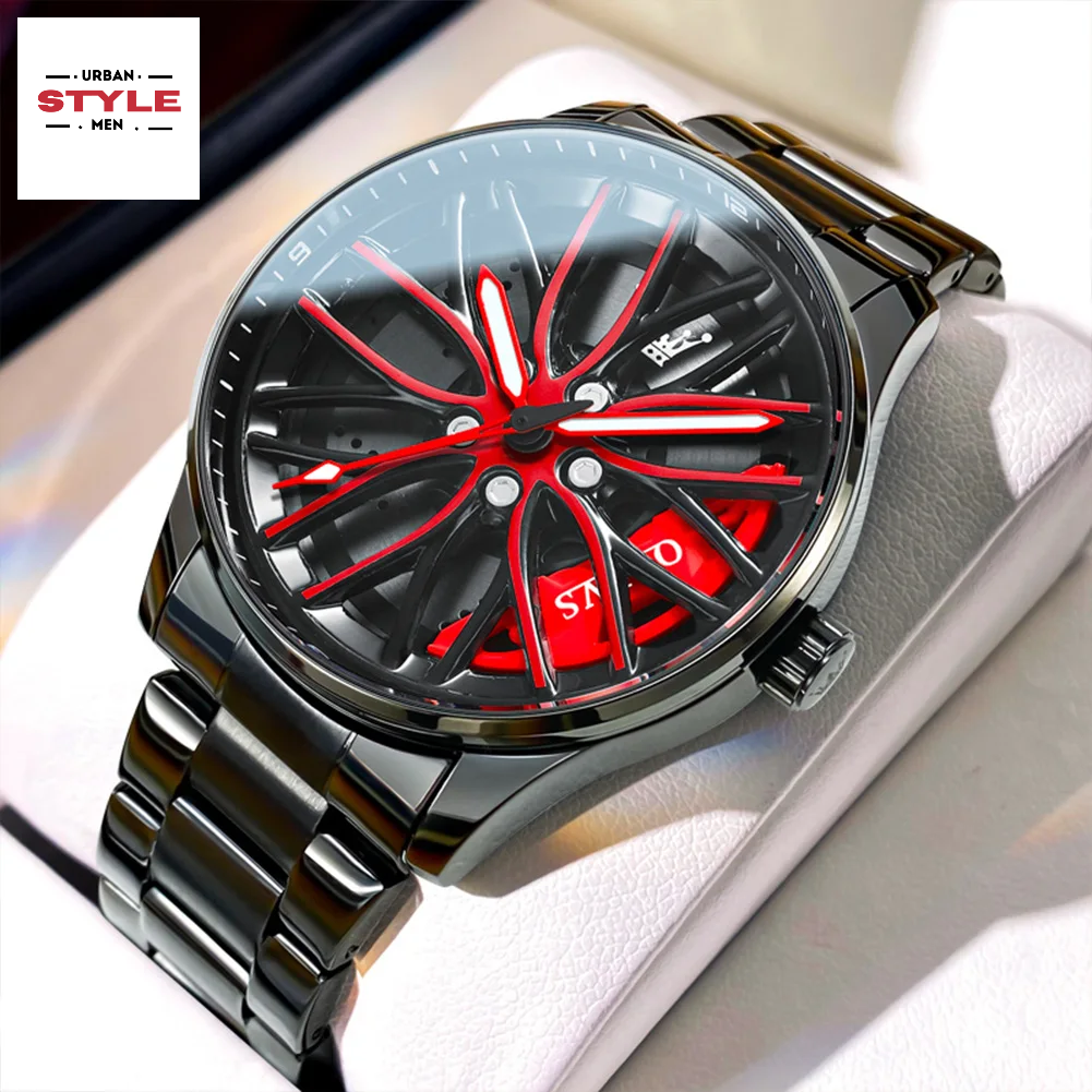 Men's Rotary Rim-Inspired Quartz Watch with Stainless Steel Band