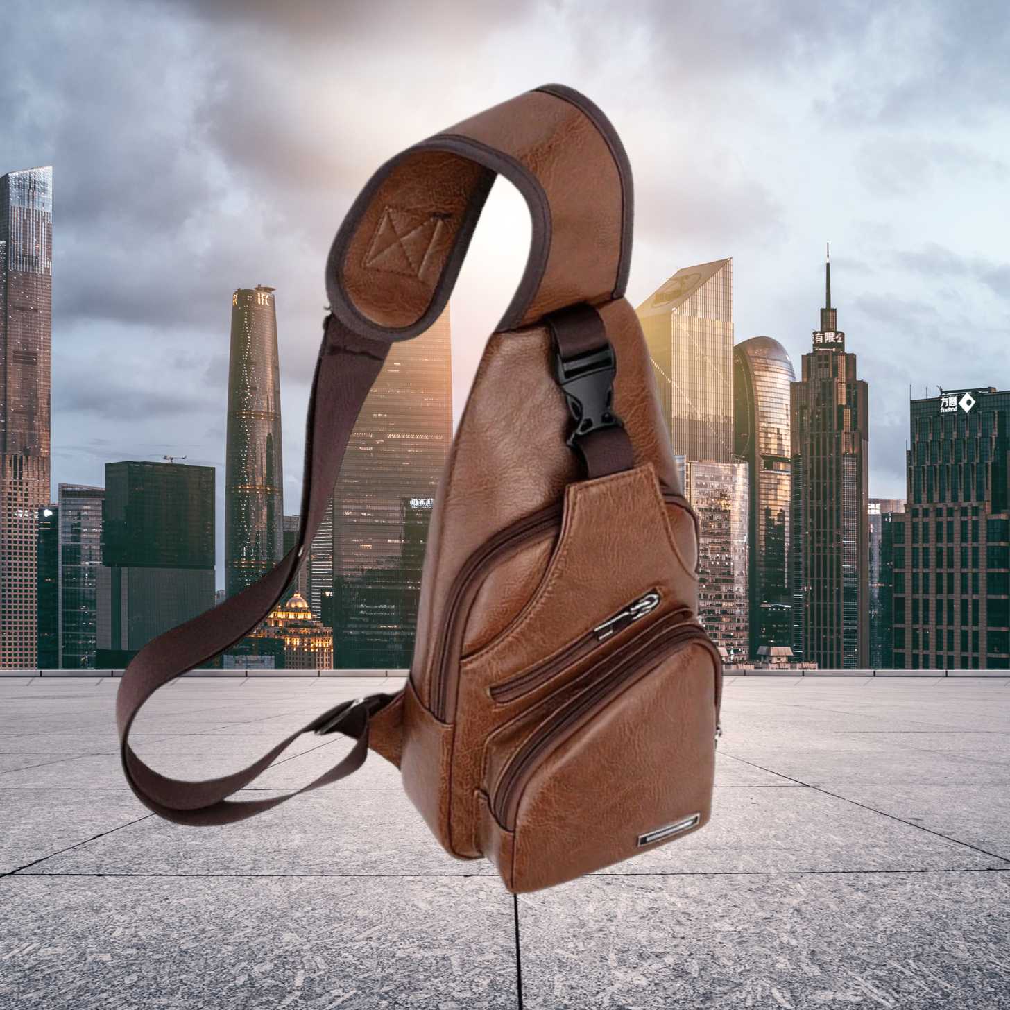 Men's PU Leather Sling Bag with USB Charging Port