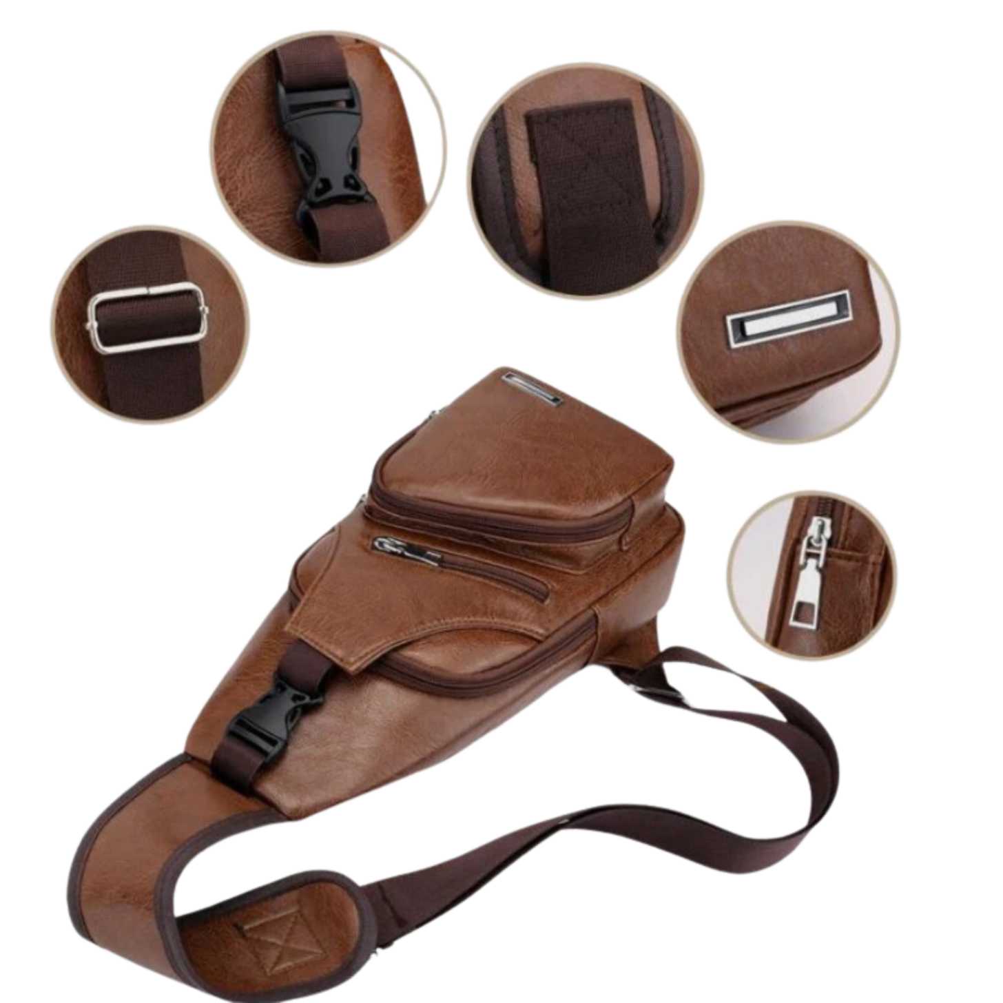 Men's PU Leather Sling Bag with USB Charging Port