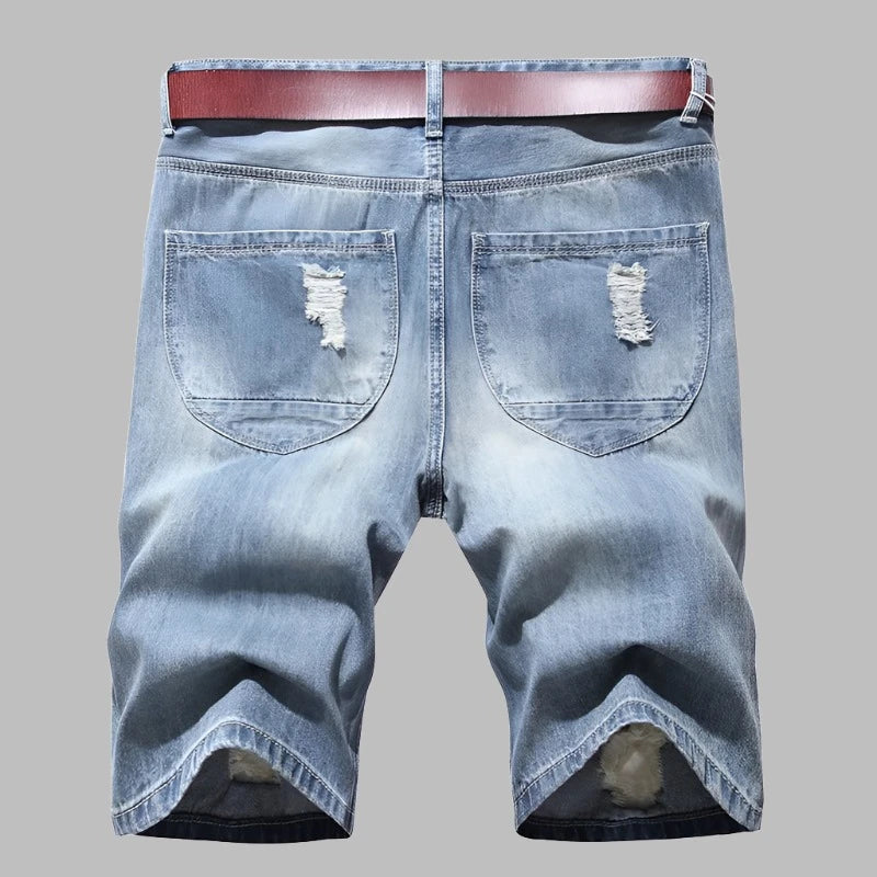 Men Ripped Short Jeans Summer Fashion Holes Denim Shorts Good Quality Male Straight Loose Jean Shorts Knee Length Pants