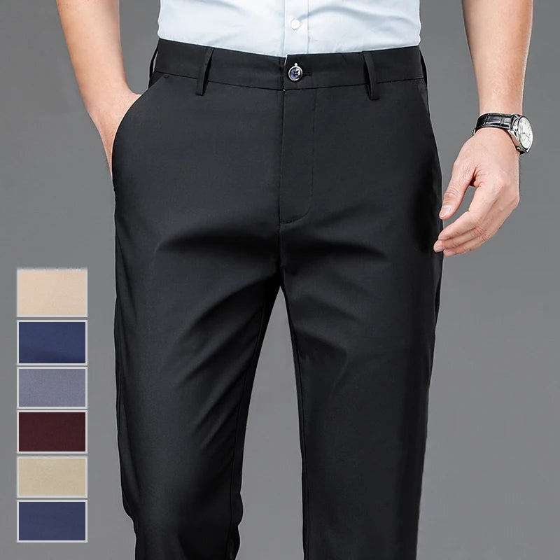 Men's Stretch Smart Casual Trousers - Solid Quick-Dry Suit Pants